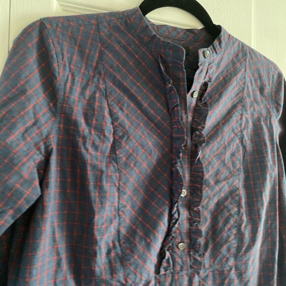 J Crew Women's Navy Popover Blouse Red Windowpane Top Size‎ 0 - Picture 3 of 7